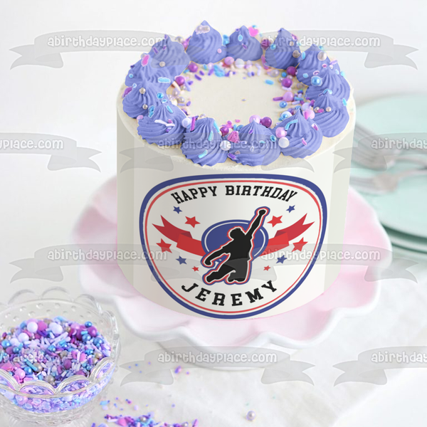 American Ninja Warrior Red White Blue Jumping Figure Stars Border Round Edible Cake Topper Image ABPID50706