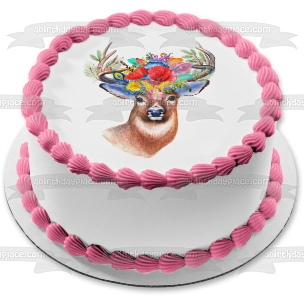 Colorful Deer Flowers Feathers Whimsical Edible Cake Topper Image ABPID50715