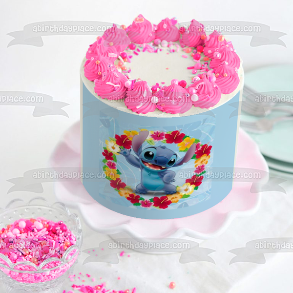 Lilo and Stitch Flowers Stitch Blue Background Disney Edible Cake Topper Image ABPID51026