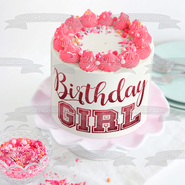 Birthday Girl Jersey Font Red Glitter Edible Cake Topper Image ABPID50786