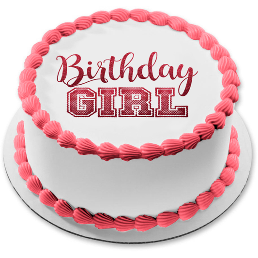 Birthday Girl Jersey Font Red Glitter Edible Cake Topper Image ABPID50786