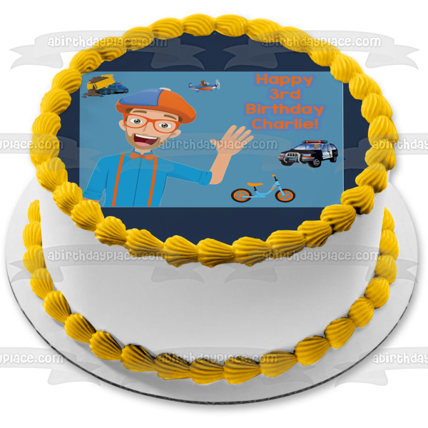 Blippi Youtube Youtuber Transportation Airplane Dumptruck Policecar Bicycle Personalized Edible Cake Topper Image ABPID50826