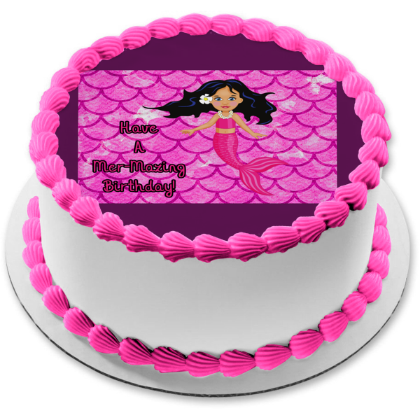 Pink Mermaid Have a Mer-Mazing Birthday Pink Scales Background Edible Cake Topper Image ABPID51076