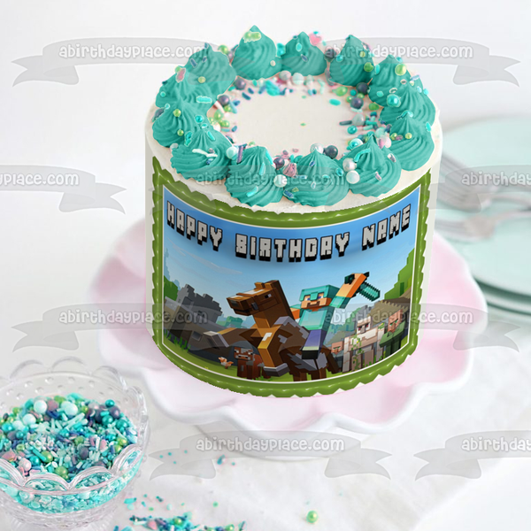 Minecraft Happy Birthday Assorted Characters Horses Personalized Name Edible Cake Topper Image ABPID51098