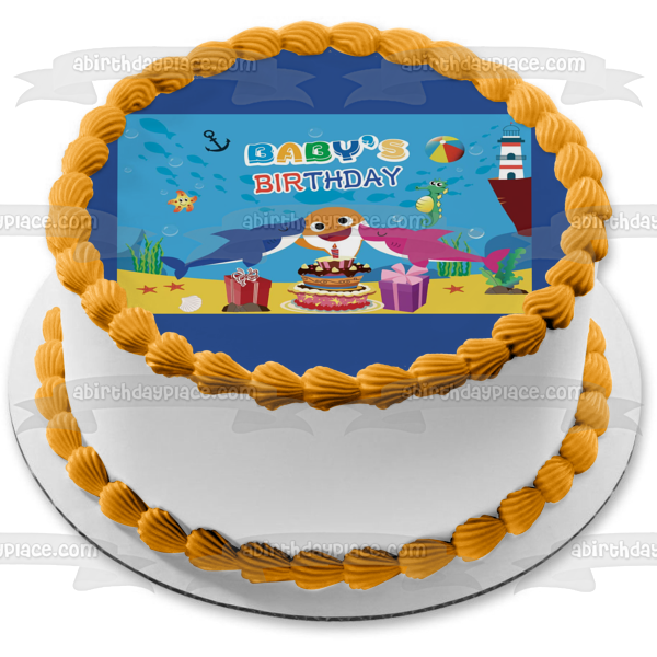 Baby Shark Baby's Birthday Mommy Shark Daddy Shark Birthday Party Presents Birthday Cake Light House Underwater Background Edible Cake Topper Image ABPID50893