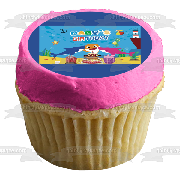 Baby Shark Baby's Birthday Mommy Shark Daddy Shark Birthday Party Presents Birthday Cake Light House Underwater Background Edible Cake Topper Image ABPID50893