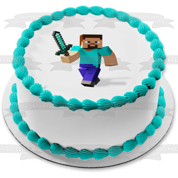 Minecraft Steve Diamond Sword Edible Cake Topper Image ABPID51121