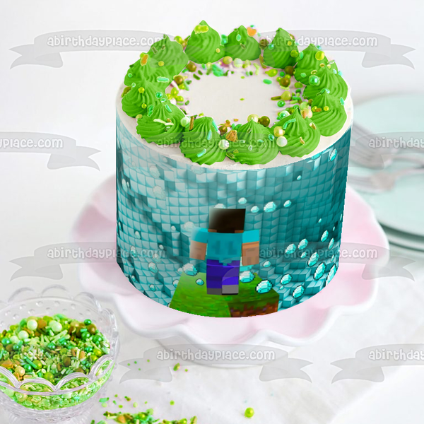 Minecraft Blue Diamonds Blocks Steve Edible Cake Topper Image ABPID51123