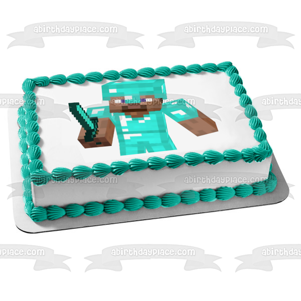 Minecraft Diamond Steve and Blue Diamond Sword Edible Cake Topper Image ABPID51172