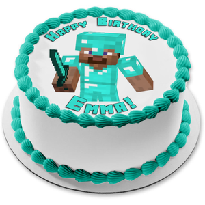 Minecraft Diamond Steve and Blue Diamond Sword Edible Cake Topper Image ABPID51172