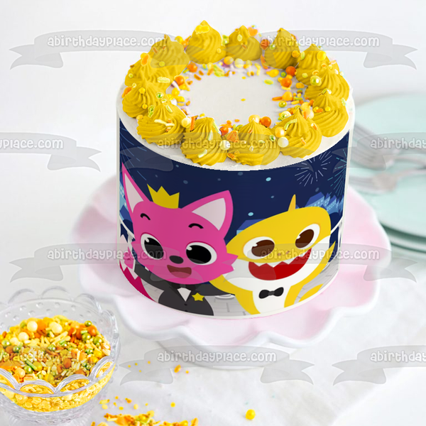 Baby Shark Pinkfong Bow Ties Fireworks Edible Cake Topper Image ABPID50963