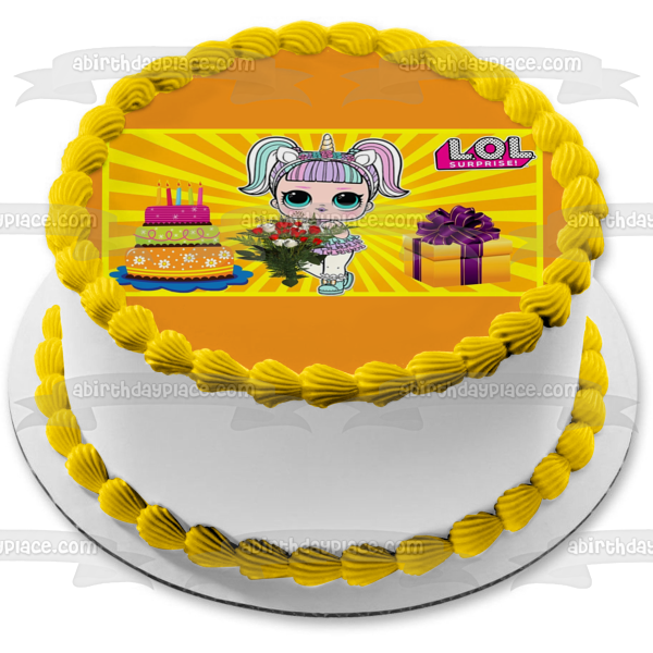LOL Surprise Unicorn Happy Birthday Cake Presents Flowers Edible Cake Topper Image ABPID50982