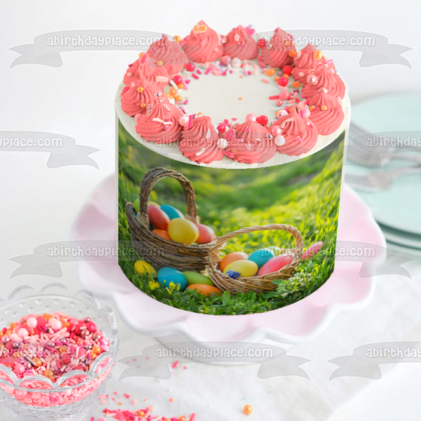 Happy Easter Easter Eggs and Baskets Grass Background Edible Cake Topper Image ABPID51205