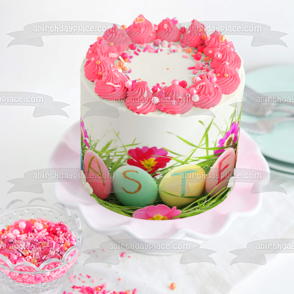 Happy Easter Easter Eggs Flowers Background Edible Cake Topper Image ABPID51207
