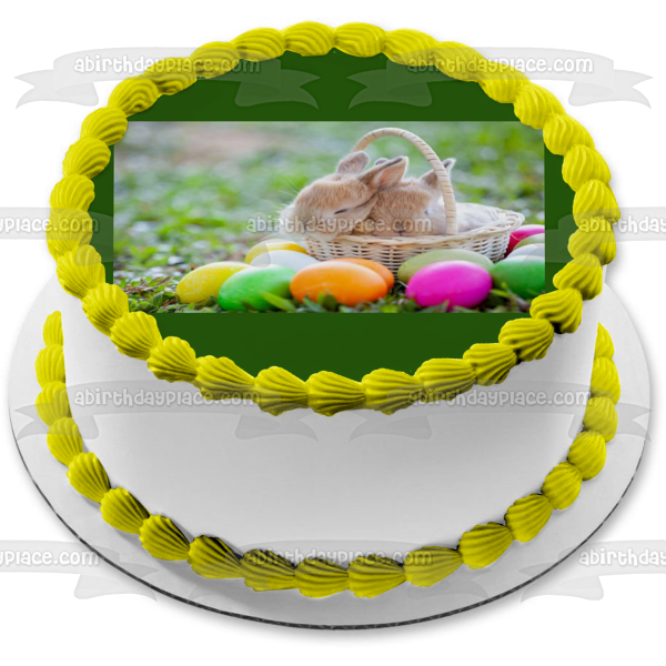 Happy Easter Easter Bunnies In Basket Easter Eggs Edible Cake Topper Image ABPID51208