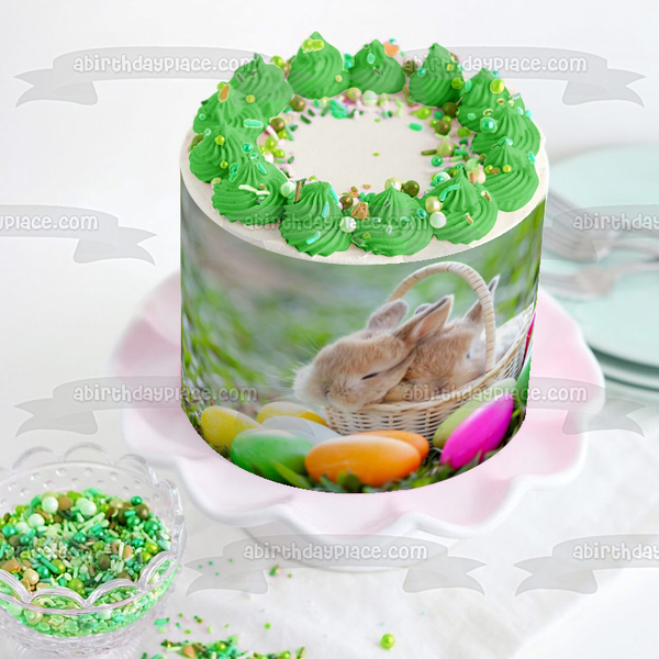 Happy Easter Easter Bunnies In Basket Easter Eggs Edible Cake Topper Image ABPID51208