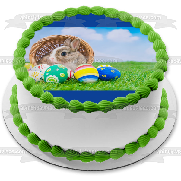 Happy Easter Bunny Basket Easter Eggs Edible Cake Topper Image ABPID51209