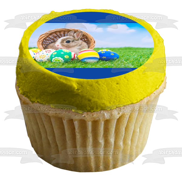 Happy Easter Bunny Basket Easter Eggs Edible Cake Topper Image ABPID51209