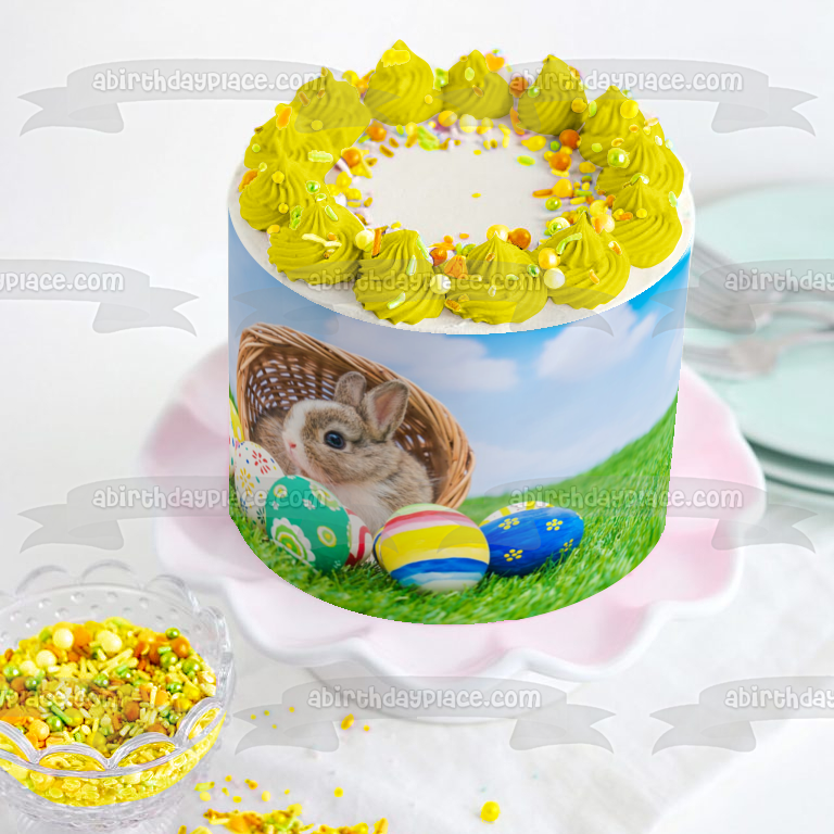 Happy Easter Bunny Basket Easter Eggs Edible Cake Topper Image ABPID51209