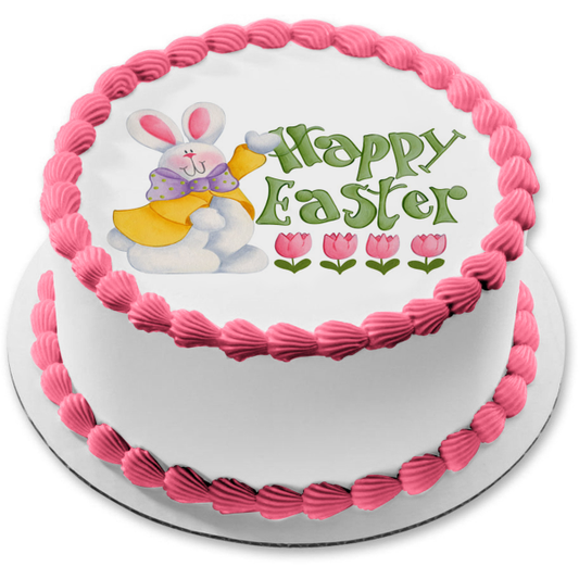 Happy Easter Pink Tulips Easter Bunny Edible Cake Topper Image ABPID51211
