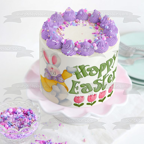 Happy Easter Pink Tulips Easter Bunny Edible Cake Topper Image ABPID51211