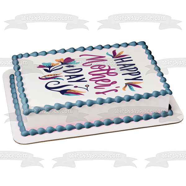 Happy Mother's Day Purple and Blue Flowers Edible Cake Topper Image ABPID51228