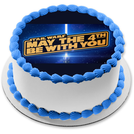 Día de Star Wars Que el 4 de mayo esté contigo Fondo de galaxia con sable de luz Imagen comestible para decoración de tarta ABPID51245 