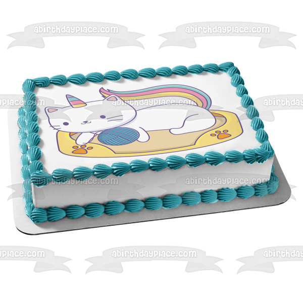 Caticorn Rainbow Unicorn Cat Playing with String Edible Cake Topper Image ABPID51358