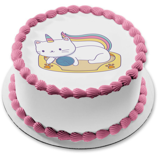 Caticorn Rainbow Unicorn Cat Playing with String Edible Cake Topper Image ABPID51358