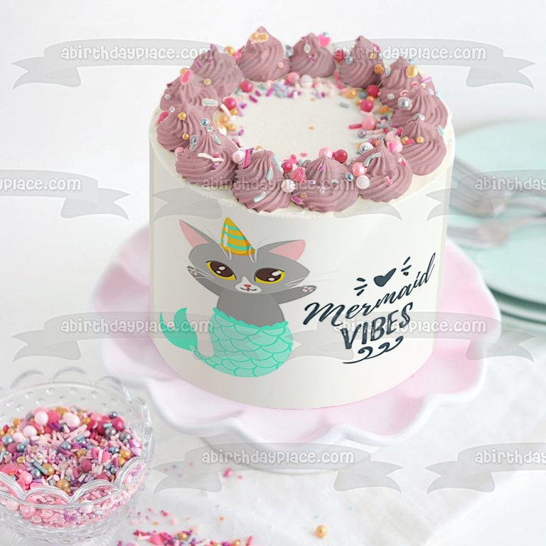 Caticorn Sirena Vibes Gato Unicornio Corazón Decoración comestible para tarta Imagen ABPID51360 