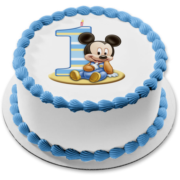Baby Mickey Mouse 1st Birthday Candle Edible Cake Topper Image ABPID51271