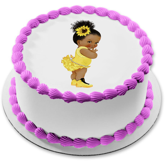 African American Baby Girl Sunflower Yellow Tutu Jordan Sneakers Edible Cake Topper Image ABPID51460
