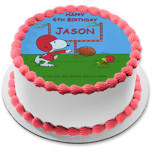 Snoopy and Woodstock Nothing Beats a Friend Football Toss Edible Cake Topper Image ABPID56403
