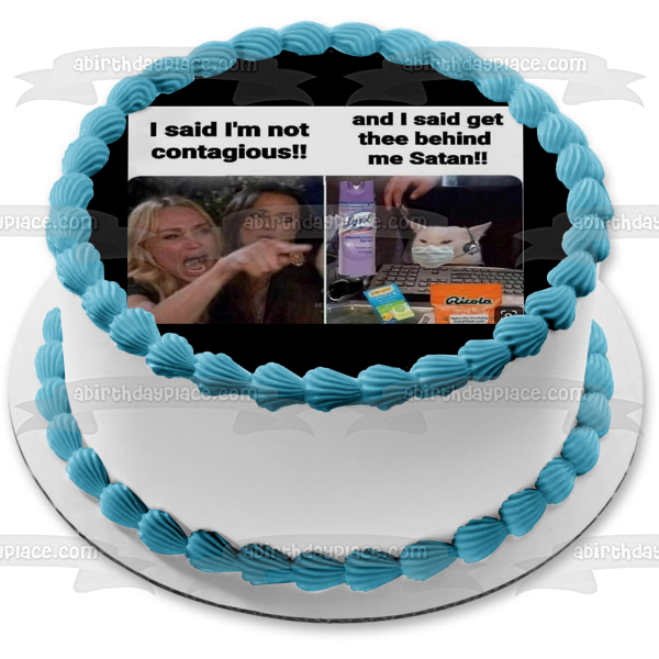 Coronavirus Meme Lady Yelling at Cat Lysol Spray Cough Medicine Edible Cake Topper Image ABPID51501
