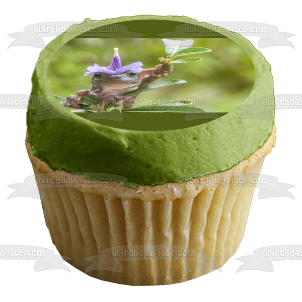 Frog Wearing a Flower Hat Edible Cake Topper Image ABPID52042