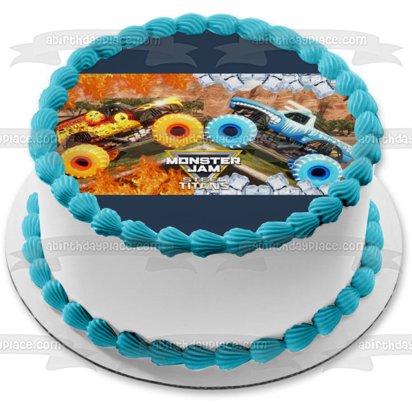 Monster Jam Steel Titans Fire and Ice Edible Cake Topper Image ABPID51906