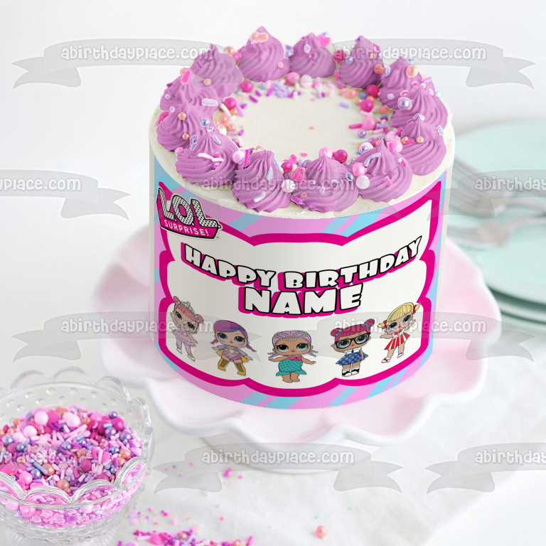 LOL Surpise Custom Butterfly Rainbow Frame Merbaby Super B.B. Cheer Captain Teacher's Pet Center Stage Edible Cake Topper Image ABPID52181