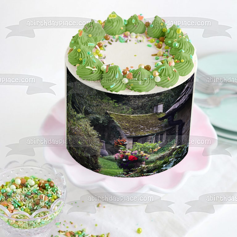 Village Home Surrounded by Flowers and Trees Edible Cake Topper Image ABPID52566
