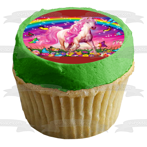 Pink Horse Rainbow Butterflies Edible Cake Topper Image ABPID52305