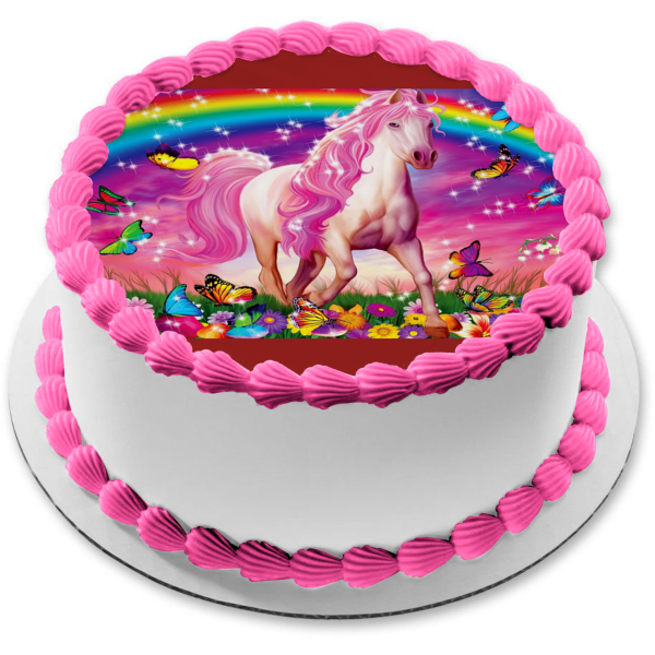 Pink Horse Rainbow Butterflies Edible Cake Topper Image ABPID52305