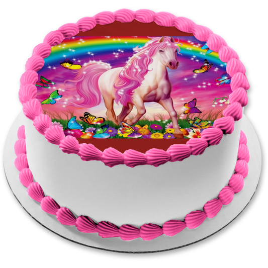 Pink Horse Rainbow Butterflies Edible Cake Topper Image ABPID52305