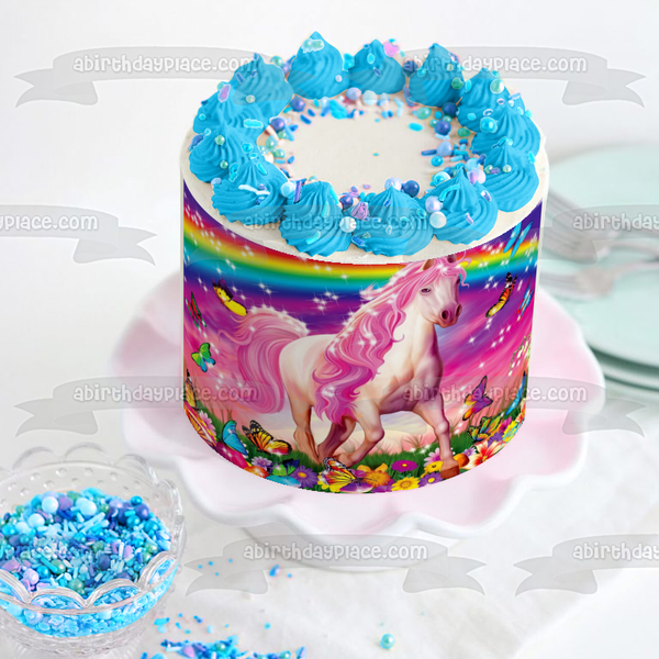 Pink Horse Rainbow Butterflies Edible Cake Topper Image ABPID52305