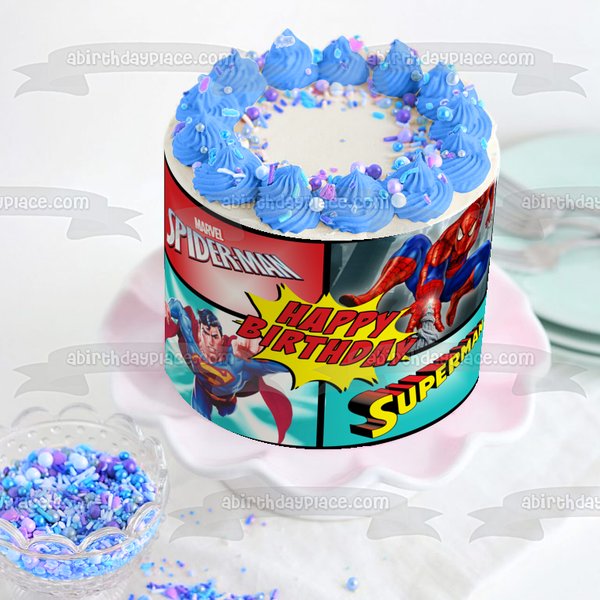 Marvel DC Superman Spider-Man Comic Super Hero Happy Birthday Edible Cake Topper Image ABPID52902