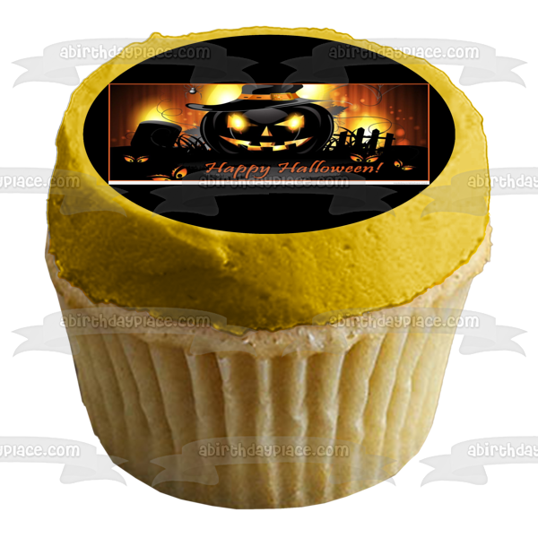 Happy Halloween Scary Jack-O-Lanterns Graveyard Scene Background Edible Cake Topper Image ABPID52678