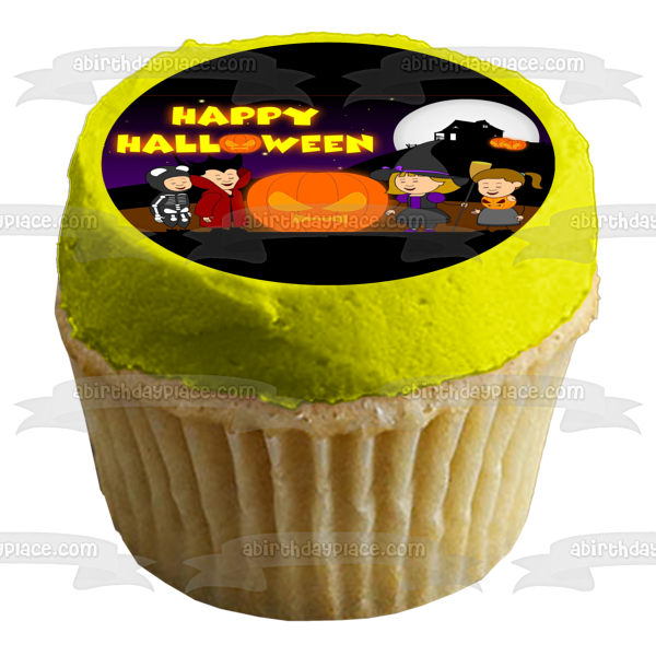 Trick or Treaters Happy Halloween Scary Jack-O-Lantern Edible Cake Topper Image ABPID52680