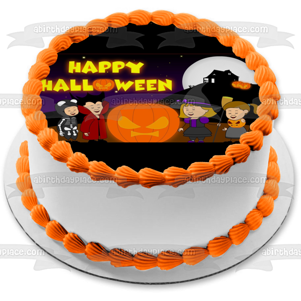 Trick or Treaters Happy Halloween Scary Jack-O-Lantern Edible Cake Topper Image ABPID52680