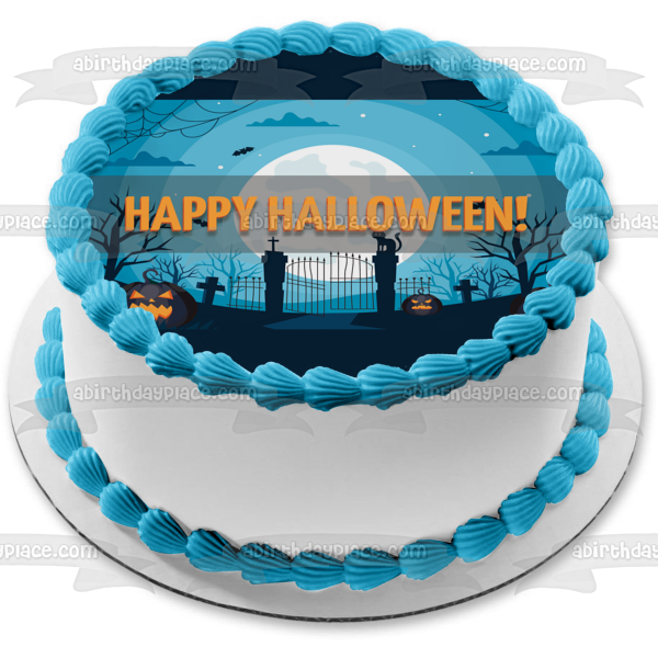 Happy Halloween Scary Jack-O-Lanterns Graveyard Scene Edible Cake Topper Image ABPID52686