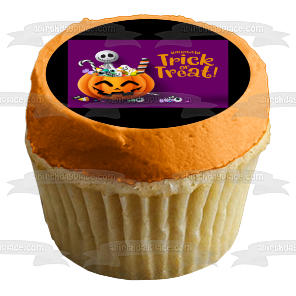 Trick or Treat Happy Halloween Skeleton Jack-O-Lantern Candy Edible Cake Topper Image ABPID52687