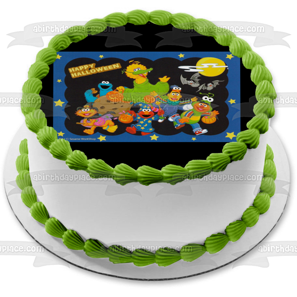 Sesame Street Happy Halloween Trick or Treat Big Bird Cookie Monster Elmo Bert Ernie Halloween Costumes Jack-O-Lanterns Edible Cake Topper Image ABPID52700