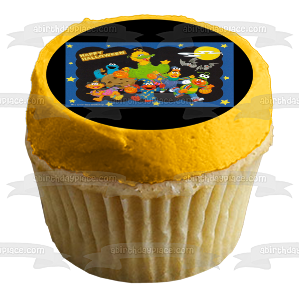 Sesame Street Happy Halloween Trick or Treat Big Bird Cookie Monster Elmo Bert Ernie Halloween Costumes Jack-O-Lanterns Edible Cake Topper Image ABPID52700